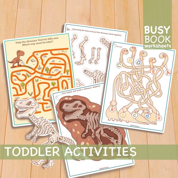 Dinosaur Toddler Educational Activities Kindergarten Learning Binder, Printable Preschool Worksheets