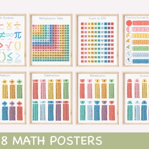 Conjunto de 8 carteles de matemáticas Montessori Matemáticas Aula Decoración Hogar Educativo Arte de la pared Preescolar Sala de juegos Carteles de aprendizaje Profesor imprimible