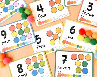 Pom Pom Counting Activity Numbers Match Practice 1 to 10 Montessori Fine Motor Skills for Toddlers Caterpillar Matching Colors Cards