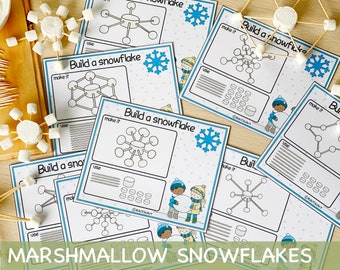 Marshmallows und Toothpicks Schneeflocken Matten Druckbares Spiel für Kleinkind-Aktivitäten für Kinder Homeschool Weihnachtsaktivitäten spielen Knetmatten