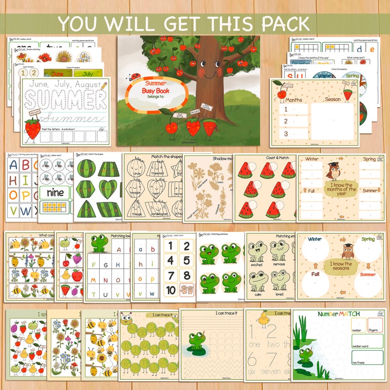 Peut inclure: Un ensemble de 18 pages de livre d'activit&eacute;s d'&eacute;t&eacute; imprimables pour les enfants. Les pages pr&eacute;sentent une vari&eacute;t&eacute; d'activit&eacute;s, notamment l'appariement, le comptage, le tra&ccedil;age et l'&eacute;criture. Les pages sont illustr&eacute;es de personnages de dessins anim&eacute;s mignons, tels que des grenouilles, des abeilles et des fraises.
