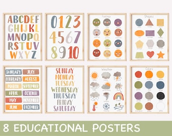 May include: Set of eight educational posters for children featuring colorful illustrations of the alphabet, numbers, days of the week, months of the year, weather, shapes, colors, and feelings.