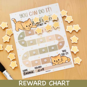May include: A reward chart featuring a winding path with beige and sage green squares, two orange tabby cat illustrations, and the text "YOU CAN DO IT!" and "YOU DID IT!". It includes a set of yellow star-shaped markers and spaces for a name and reward.