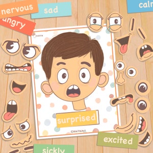 May include: A printable educational game for kids featuring a boy's face with different facial expressions. The game includes various facial features like eyes, mouths, and noses that can be matched to different emotions like surprised, excited, nervous, sad, angry, sick, and calm. The game is designed to help children learn about emotions and facial expressions.