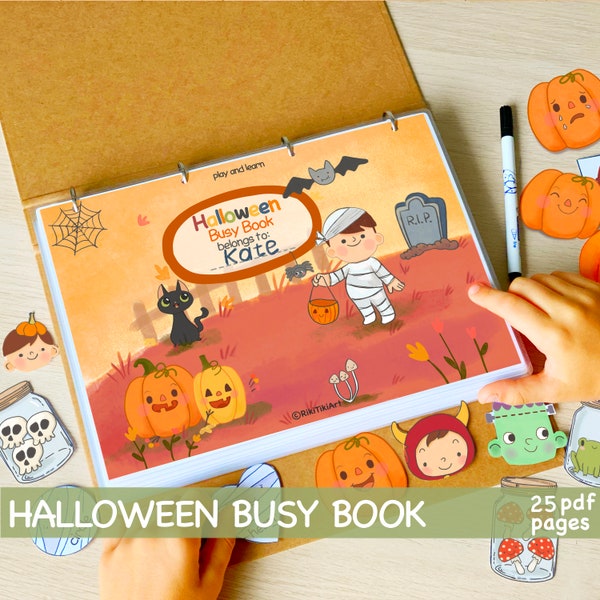 Libro ocupado de Halloween, libro de aprendizaje imprimible para niños pequeños, actividades de Halloween, materiales educativos para el hogar, imprimibles para preescolar de otoño