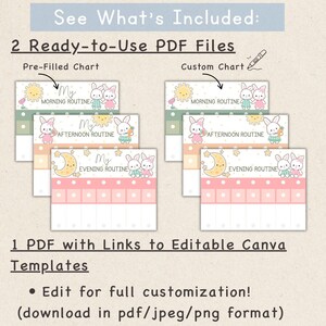 May include: Digital printable charts for morning, afternoon, and evening routines. Each chart features a bunny illustration and the text "My Morning Routine", "My Afternoon Routine", and "My Evening Routine". The charts are available as ready-to-use PDF files and editable Canva templates.