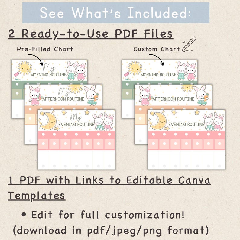 May include: Digital printable charts for morning, afternoon, and evening routines. Each chart features a bunny illustration and the text "My Morning Routine", "My Afternoon Routine", and "My Evening Routine". The charts are available as ready-to-use PDF files and editable Canva templates.