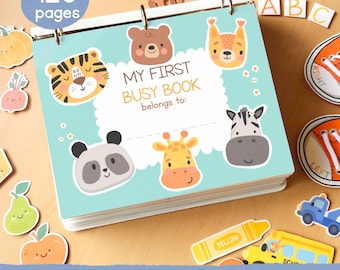 Puede incluir: Un libro de actividades para niños pequeños con 120 páginas, con ilustraciones de animales y el texto "My First Busy Book". La portada tiene un fondo azul claro con una variedad de caras de animales. Los recortes adicionales incluyen un autobús escolar, un crayón y letras ABC.