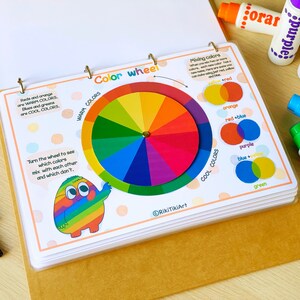 Peut inclure: Une roue des couleurs avec un disque central tournant, montrant les couleurs primaires, secondaires et tertiaires. La roue est entour&eacute;e de texte expliquant comment m&eacute;langer les couleurs et la diff&eacute;rence entre les couleurs chaudes et froides.