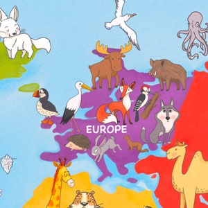 May include: A colorful illustration of a world map with animals from different continents. The map is divided into sections with different colors. The section for Europe is purple and features a fox, a wolf, a hedgehog, a rabbit, a moose, a puffin, a stork, a woodpecker, and a wild boar. The word "EUROPE" is written in white letters on the purple section.