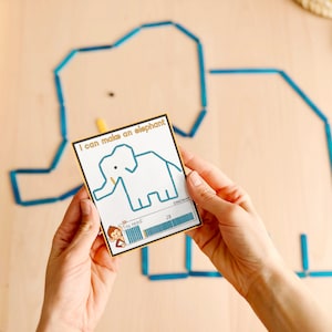 Pu&ograve; includere: Una carta con il testo "Posso fare un elefante" e un disegno a linea di un elefante. La carta ha anche una barra di avanzamento con il testo "Ti servono 78" e una scimmia dei cartoni animati.