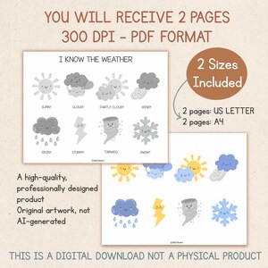 May include: Digital download featuring weather illustrations. Includes images of sunny, cloudy, rainy, stormy, tornado, and snowy conditions. The text reads "I Know The Weather" and "You will receive 2 pages 300 DPI - PDF format". Includes US Letter and A4 sizes.