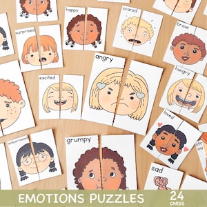 Znajdź parę Emocje Puzzle - Wydrukowane Karty Dopasowujące Emocje, Aktywność Uczucia dla Dzieci Wydruki Przedszkolne Uczucia Wydruki Malucha