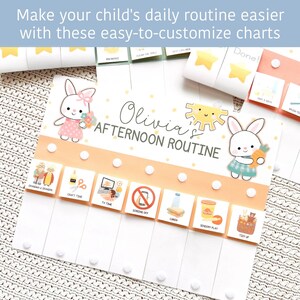 May include: A children's afternoon routine chart with a bunny illustration and the text "Olivia's Afternoon Routine." The chart includes icons for activities and the text "Make your child's daily routine easier with these easy-to-customise charts."