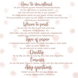 May include: A white background with brown text explaining how to download and print digital files. The text includes information about file types, paper quality, and where to print. The text also includes a contact email address for any questions.