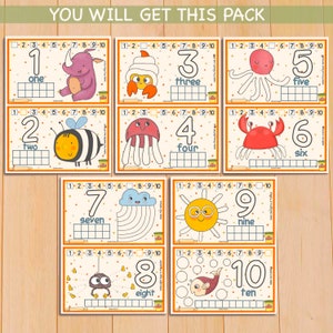 May include: Ten printable cards featuring numbers 1 through 10 with a corresponding animal or object for each number. Each card has a dotted line for tracing the number and a space to practice writing the number. The cards are on a yellow background with orange borders.