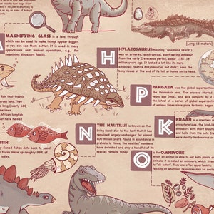 Puede incluir: Un p&oacute;ster alfab&eacute;tico ilustrado con dibujos coloridos de varios animales, incluidos dinosaurios, peces y una concha de nautilus. El p&oacute;ster destaca las letras M, N, O, P, K y H, cada una representando un animal o concepto diferente. Este p&oacute;ster es una forma divertida y educativa de aprender sobre diferentes criaturas y sus caracter&iacute;sticas.