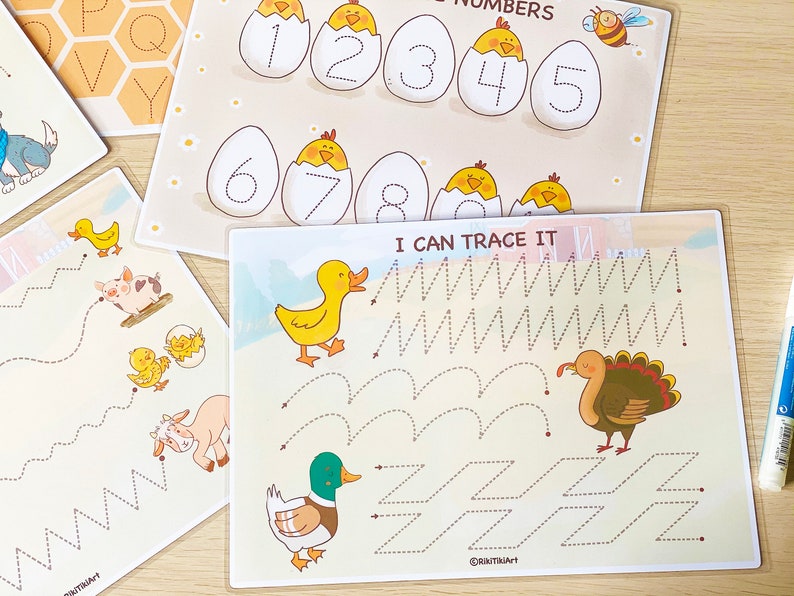 May include: A set of three printable tracing worksheets for kids. The worksheets feature a variety of animal illustrations, including a duck, a turkey, a pig, and a chick. The worksheets are designed to help children practice their fine motor skills and learn to trace lines and shapes.