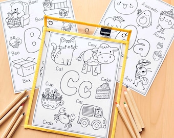 Livre de coloriage ABC - pages à colorier imprimables, activité baby shower, cahier d'exercices pour enfants, feuilles de l'alphabet préscolaire, page de couverture personnalisée