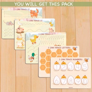 May include: A set of five printable tracing worksheets for kids. Each worksheet features a different theme, including animals, letters, and numbers. The worksheets are designed to help children develop their fine motor skills and hand-eye coordination.