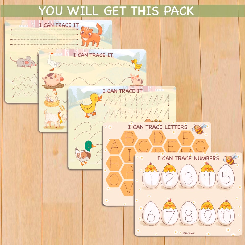 May include: A set of five printable tracing worksheets for kids. Each worksheet features a different theme, including animals, letters, and numbers. The worksheets are designed to help children develop their fine motor skills and hand-eye coordination.