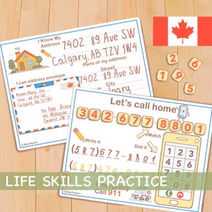 May include: A printable worksheet for children to practise life skills, including writing an address, dialling a phone number, and matching numbers. The worksheet features a cartoon house, a phone, and a Canadian flag.