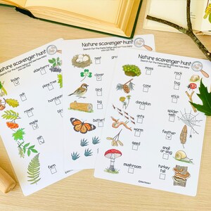May include: Four printable nature scavenger hunt cards with illustrations of various items to find outdoors, such as a bird, a nest, a mushroom, a spider web, a snail, a rock, a dandelion, a clover, a fern, a maple leaf, a pine tree, a log, a butterfly, a worm, a seed, a turkey tail, a stick, a bug, a feather, and an acorn.
