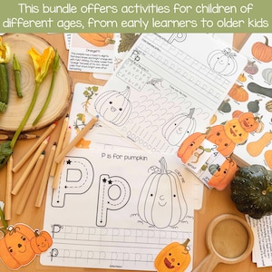 May include: Educational bundle for children featuring pumpkin-themed activities. Includes coloring pages, tracing exercises, and flashcards. The text on the image reads: "This bundle offers activities for children of different ages, from early learners to older kids."