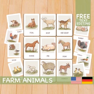 Animaux de la ferme Flashcards, Toddler Flash Cards, Printable Montessori Materials English German