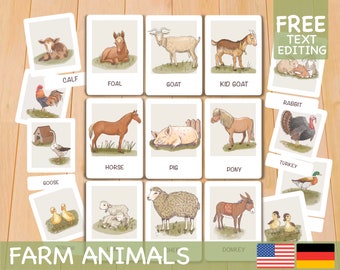Farm Animals Flashcards, Toddler Flash Cards, Printable Montessori Materials English German