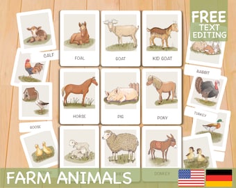 May include: A set of 12 illustrated flashcards featuring farm animals. Each card has a colorful illustration of an animal, such as a goat, pig, horse, and donkey, with the animal's name printed below the image. The cards are labeled "Farm Animals" and have the text "FREE TEXT EDITING" at the top right corner.