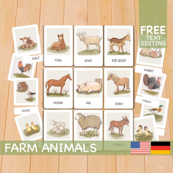 Farm Animals Flashcards, Toddler Flash Cards, Printable Montessori Materials English German