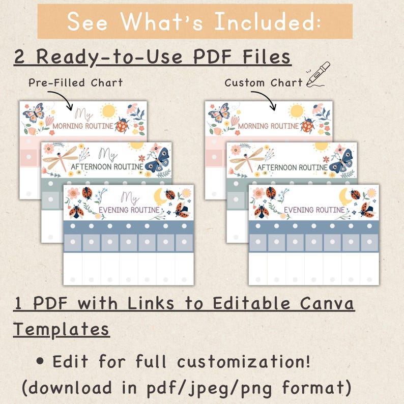 May include: A digital download featuring printable routine charts. The charts are designed with floral and insect illustrations. The text includes "Morning Routine", "Afternoon Routine", and "Evening Routine". The download includes pre-filled and customizable templates.