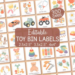 Puede incluir: Etiquetas editables para contenedores de juguetes con ilustraciones de coches, camiones, animales y más. Las etiquetas muestran el texto "Editable TOY BIN LABELS" y están disponibles en tamaños de 6,35 cm x 6,35 cm, 8,89 cm x 6,35 cm y 10,16 cm x 10,16 cm.