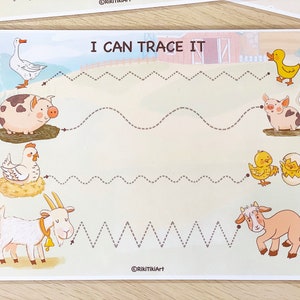 May include: A printable worksheet with the text "I Can Trace It" at the top. The worksheet features a variety of farm animals, including a goose, pig, chicken, goat, and ducklings. The animals are connected by dotted lines that children can trace.