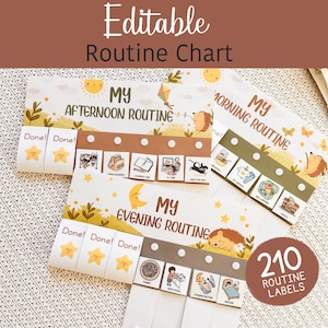 Puede incluir: Un gráfico de rutina editable con el texto "Editable Routine Chart". El gráfico incluye secciones para rutinas de mañana, tarde y noche, con iconos ilustrados y pegatinas "Done!". Una etiqueta circular indica "210 Routine Labels".