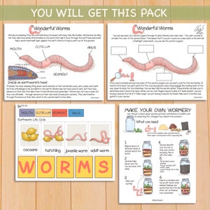 May include: A colorful educational printable pack about earthworms. The pack includes illustrations of an earthworm's anatomy, its life cycle, and instructions for making a worm bin. The text includes the words "Wonderful Worms" and "Make Your Own Wormy".