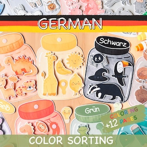 Actividad de clasificación de colores en alemán frente a páginas para colorear, hojas de trabajo de combinación de colores, recursos educativos para la educación en el hogar para niños pequeños Montessori imprimibles