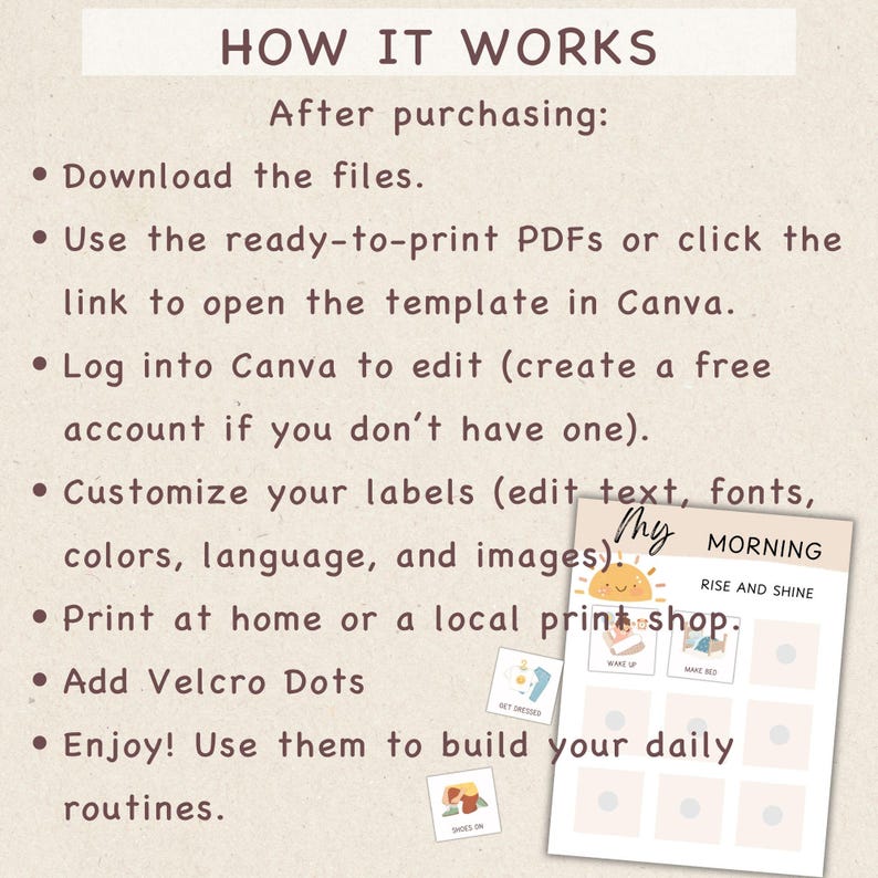 May include: A beige graphic with the text "HOW IT WORKS" and bullet points detailing the process of using a printable template. Includes a "My Morning" schedule with illustrations and the words "RISE AND SHINE".