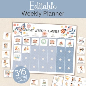 Pode incluir: Um planejador semanal azul e branco com o texto "Editable Weekly Planner" e "My Weekly Planner". Inclui etiquetas de rotina e ilustrações para diversas atividades. O planejador tem um design floral e de borboleta.