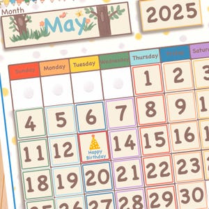 May include: A printable calendar for May 2025 with a whimsical illustration of a tree and a butterfly. The calendar has a birthday reminder on the 13th.