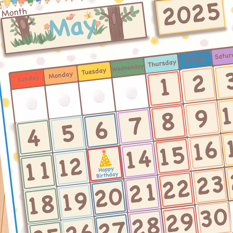 May include: A printable calendar for May 2025 with a whimsical illustration of a tree and a butterfly. The calendar has a birthday reminder on the 13th.