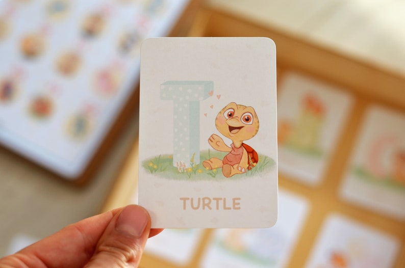 May include: A white card with a light blue letter T and a cartoon turtle with a red shell. The turtle is smiling and waving. The card says "TURTLE" in pink letters.