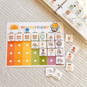 May include: A colorful weekly planner with the text "MY WEEKLY PLANNER" and a cartoon bee. The planner has slots for each day, with illustrated activity cards. The color-coded design includes a sun and star graphic.