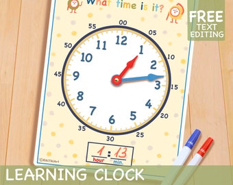Kids Printable Clock, Printable Preschool Montessori Materials, Homeschool Educational Prints