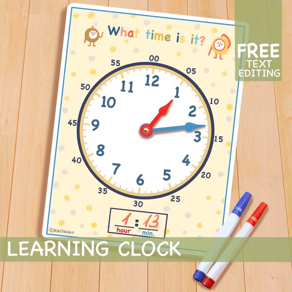 Kids Printable Clock, Printable Preschool Montessori Materials, Homeschool Educational Prints