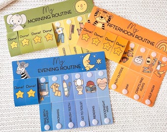 May include: Four colourful routine charts for morning, afternoon, and evening. Each chart features illustrations and text for daily activities, with a section to mark tasks as "Done!" The charts include images of an elephant, tiger, and zebra.