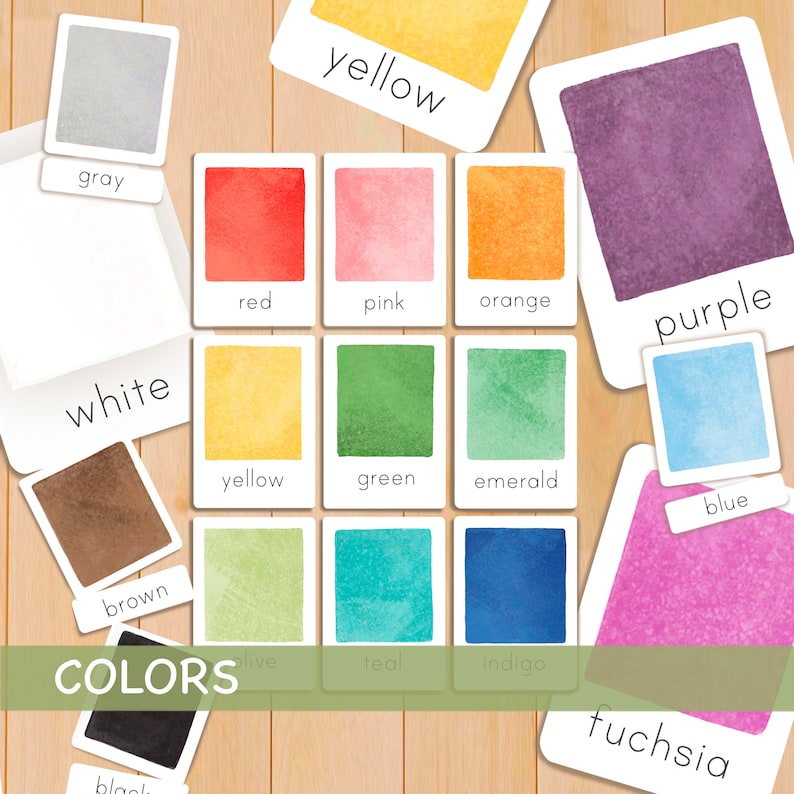 May include: A set of color cards with watercolor painted swatches and the color names written below each swatch. The colors include white, gray, black, red, pink, orange, yellow, green, emerald, teal, indigo, blue, brown, olive, and fuchsia.