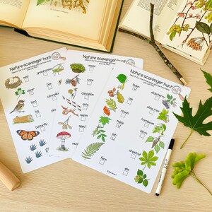 May include: Three printable nature scavenger hunt checklists with illustrations of various plants, animals, and natural objects. The checklists include items like a nest, grasshopper, clover, bee, caterpillar, log, pine, butterfly, dandelion, ants, worm, seed, moss, cone, rowan, maple, ash, fern, linden, elderberry, oak, plane tree, hornbeam, birch, chestnut, and elm.