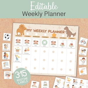 Toddler Routine Chart Dinosaur Visual Schedule, Editable Weekly Planner, Printable Kids Daily Routine